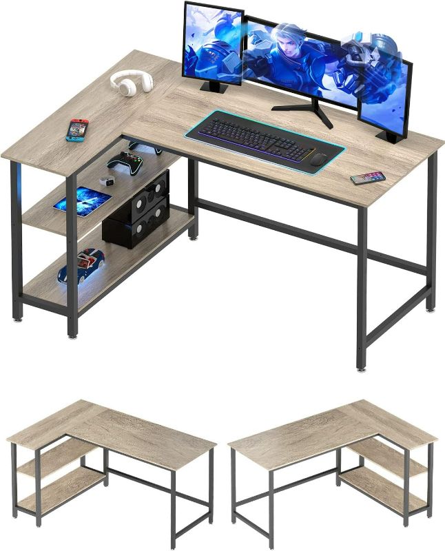 Photo 1 of WOODYNLUX L Shaped Computer Desk - Home Office Desk with Shelf, Gaming Desk Corner Table for Work, Writing and Study, Space-Saving, Grey