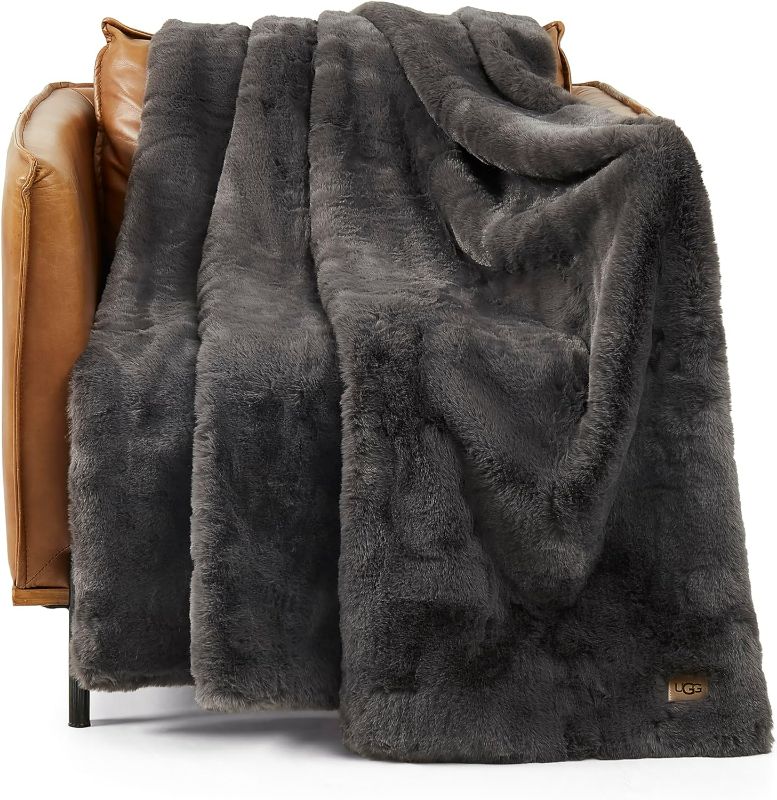 Photo 1 of UGG 16802 Euphoria Plush Faux Fur Reversible Throw Blanket for Luxury Hotel Style Couch or Bed Blankets Cozy Machine Washable Luxurious Fuzzy Fluffy Sofa Throws, 70 x 50-inch, Charcoal