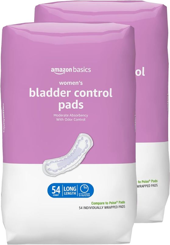 Photo 1 of Amazon Basics Incontinence, Bladder Control Pads for Women, Moderate Absorbency, Long Length, 108 Count, 2 Packs of 54,