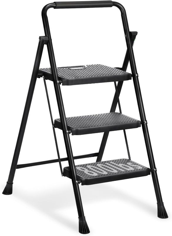 Photo 1 of 3 Step Ladder, Miscoos Folding Step Stool for Adults with Wide Anti-Slip Pedal, Sturdy Steel Ladder, Lightweight, Convenient Handgrip, Portable Kitchen& Household Small Step Ladder, Black