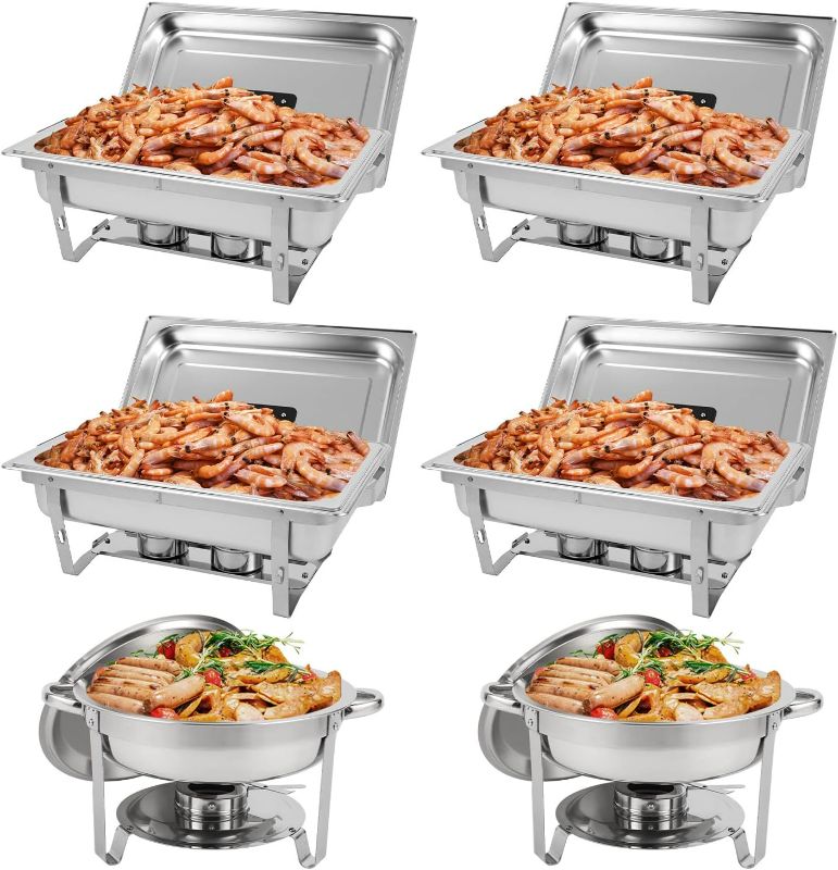 Photo 1 of Restlrious Chafing Dish Buffet Set 6 Pack, Stainless Steel 5 QT Round & 8 QT Rectangular Foldable Chafers and Buffet Warmers Set, w/Full Size Food Pan, Water Pan, Fuel Holder & Lid for Catering Event