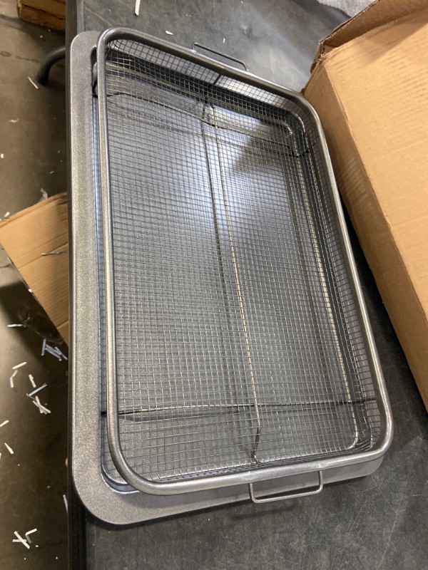 Photo 2 of HONGBAKE Air Fryer Basket for Oven, Air Fry Crisper Tray with Baking Pan, Air Fryer Oven Basket, Wide Edge 2 Pieces, 13 X 9 inch, Gray