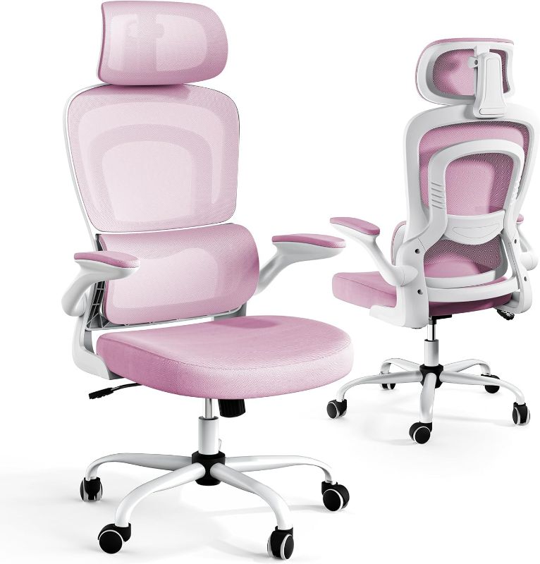 Photo 1 of Ergonomic Mesh Office Chair with Lumbar Support, High Back Office Chair with Flip-up Arms, Mesh Computer Gaming Chairs with Adjustable Headrest, Ergonomic Chair for Home Office Work,  Pink