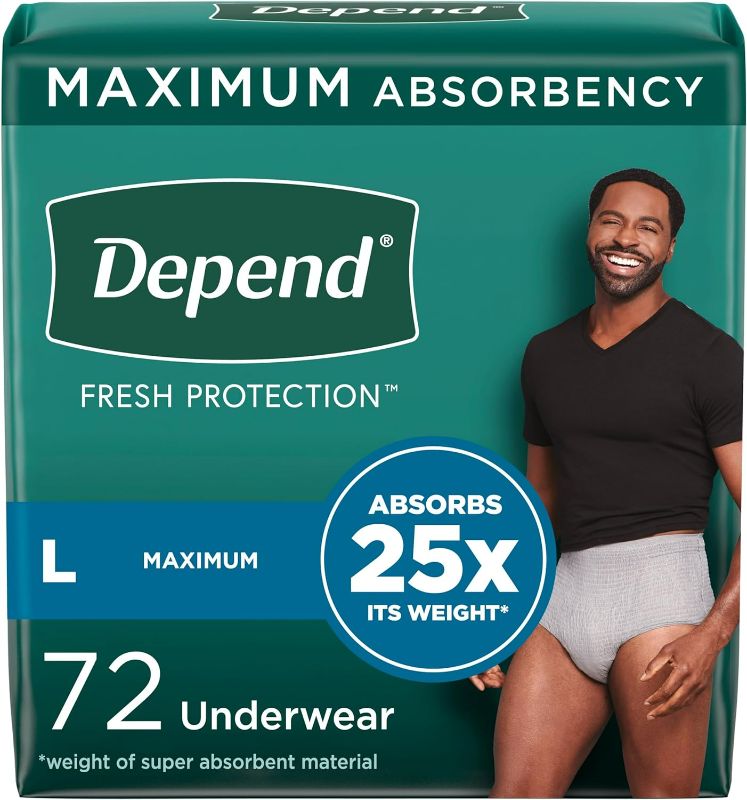Photo 1 of Depend Fresh Protection Adult Incontinence Underwear for Men (Formerly Depend Fit-Flex), Disposable, Maximum, Large, Grey, 72 Count, Packaging May Vary