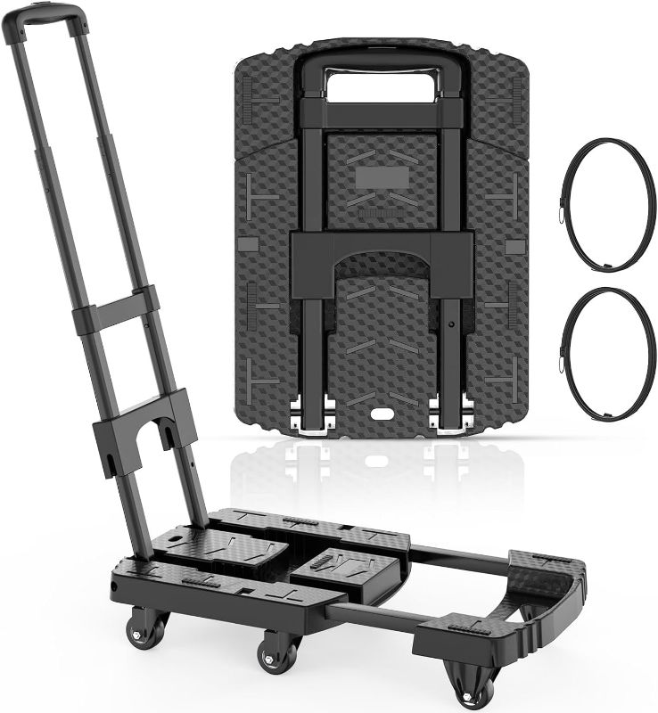 Photo 1 of Folding Hand Truck, Pre-Installed 600lbs Heavy Duty Dolly Cart, Portable 6 Wheels Collapsible Luggage Cart with 2 Elastic Ropes for Luggage, Travel, Moving, Shopping, Office Use