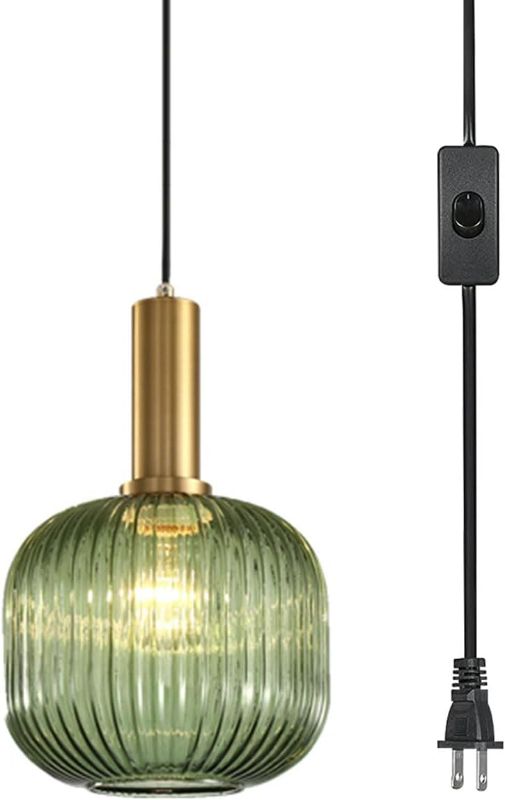 Photo 1 of Mid Century Modern Pendant Light 1-Light Gold Chandelier Ceiling Light Fixtures with Classic Striped Lantern Design, Plug in Hanging Light for Bedroom Living Dining Room Hallway (Green)