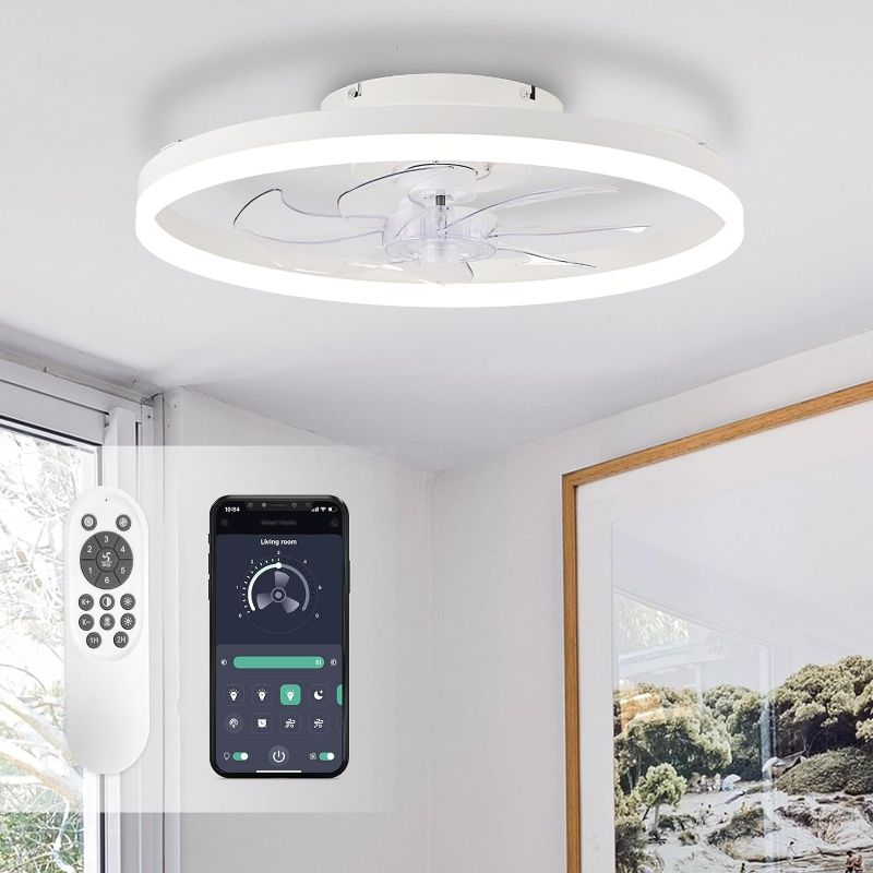 Photo 1 of Ceiling Fans with Lights,20" Low Profile Ceiling Fan with Remote Control, Modern Flush Mount Ceiling Fan,White Fan Light for Bedroom, Living Room,Kitchen,Small LED Ceiling Light Fixture
