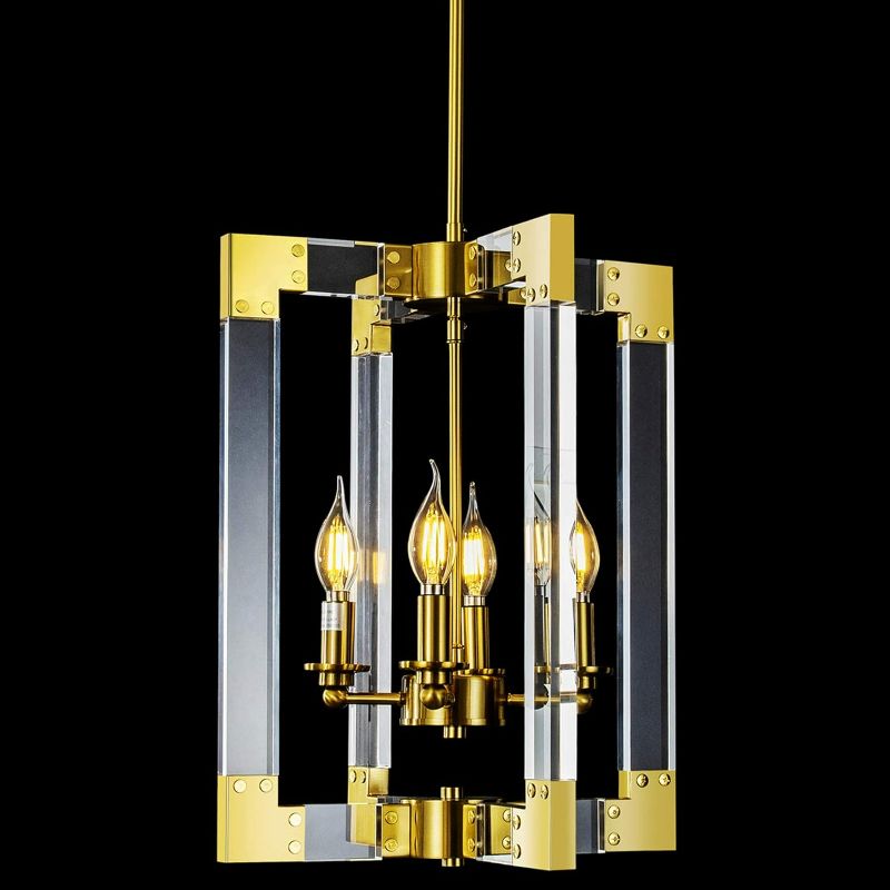 Photo 1 of 4-Light Modern Gold Chandelier, Hanging Pendant Light Fixture Rectangle Clear Brass Square Pendant Light for Dining Room, Bedroom, Foyer and Entryway
