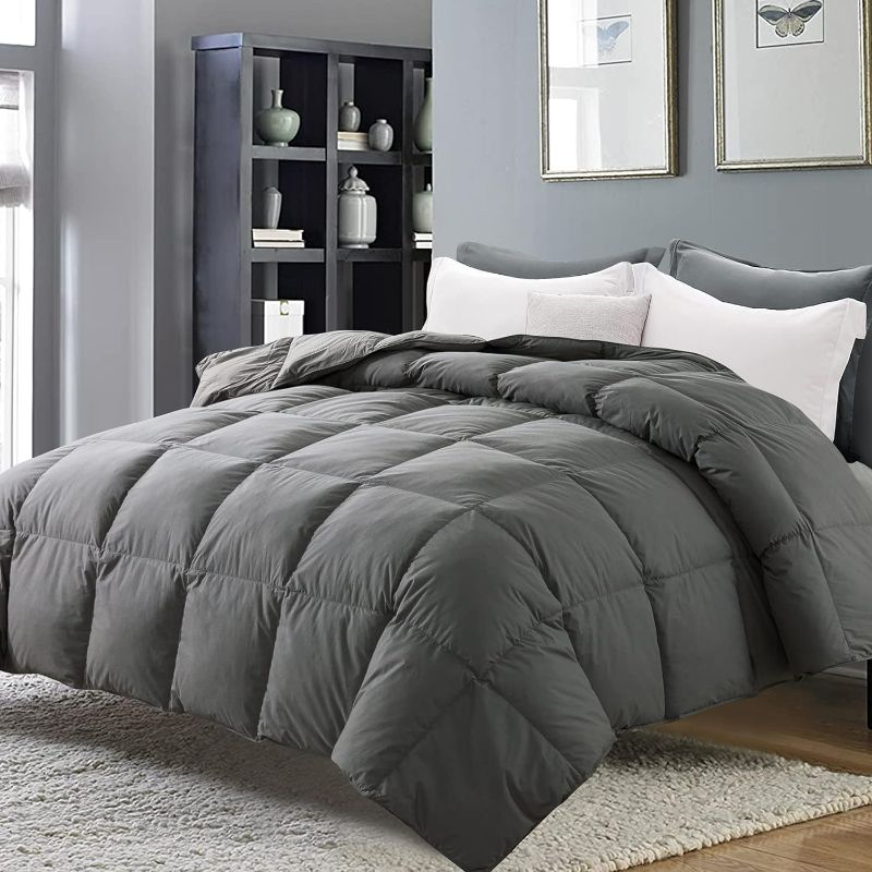 Photo 1 of WhatsBedding All Season Feather Comforter Queen Size, Filled with Feather and Down, Luxurious Bed Comforter,100% Cotton Cover Dark Grey Medium Warmth Duvet Insert with Corner Tabs, 90x90 Inch
