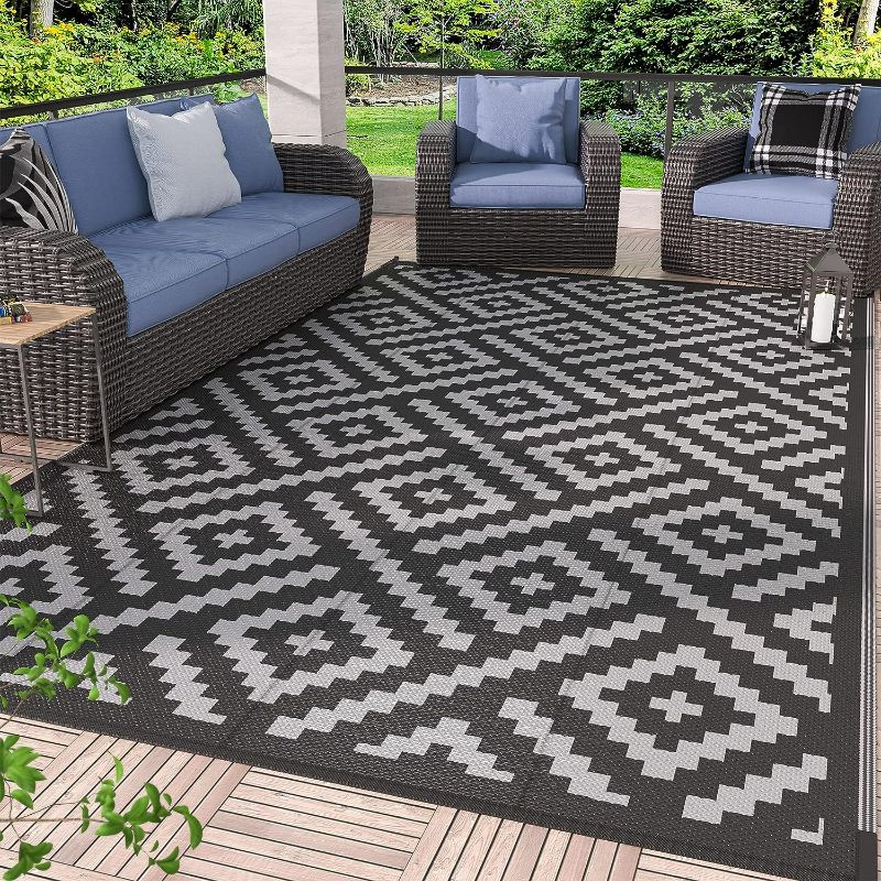 Photo 1 of  Outdoor Rug for Patio Clearance,\Waterproof Mat,Reversible Plastic Camping Rugs,Rv,Porch,Deck,Camper,Balcony,Backyard,Black & Gray