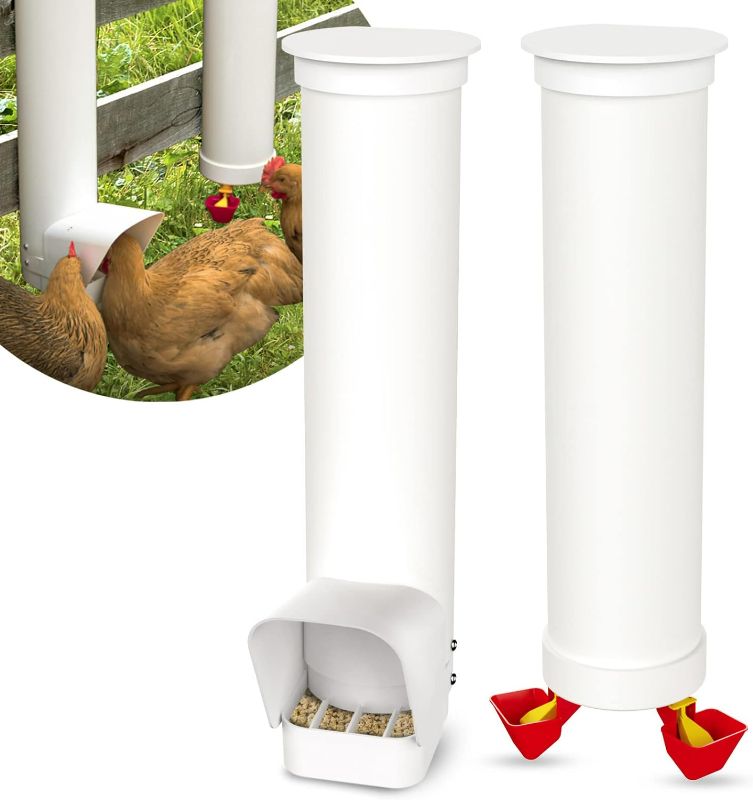 Photo 1 of VOSON Hanging Chicken Feeder and Waterer Set No Waste | Includes 1 Gallon Waterer with 2 Cups | 7lb Chicken Feeder with Large Rain Proof Cover | Chicken Coop Accessories
