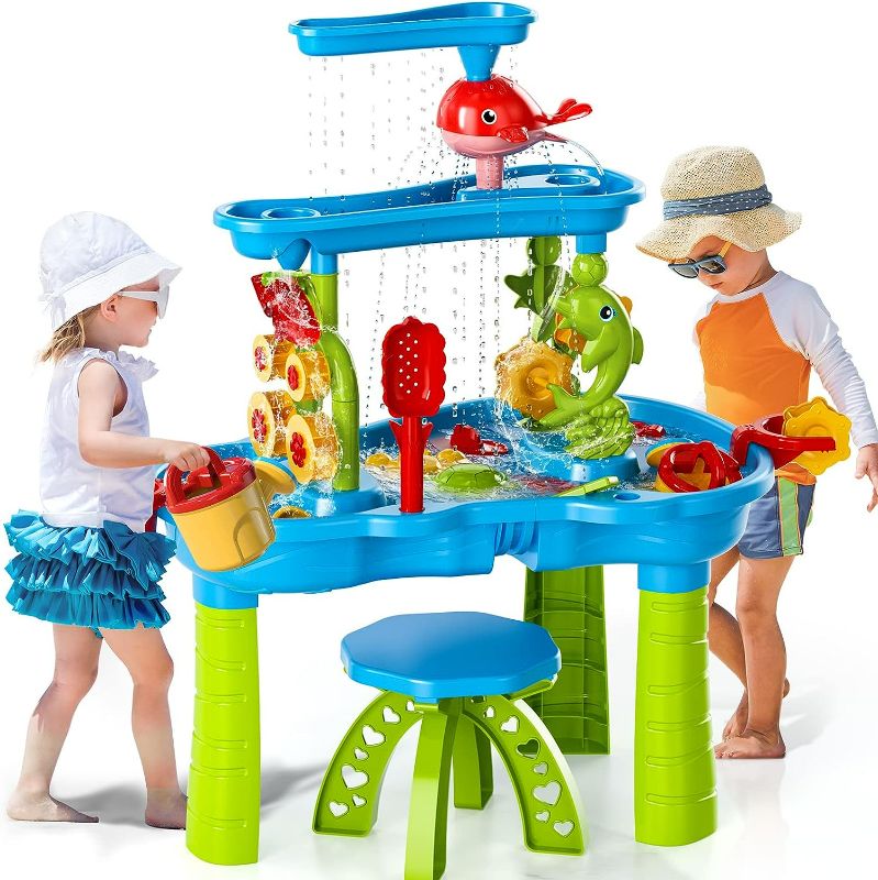 Photo 1 of TEMI Kids Sand Water Table , 3-Tier Sand Table and Rain Showers Splash Pond Water Table Toys, Activity Sensory Play Table Beach Summer Outside Toy for Toddler Boys Girls
