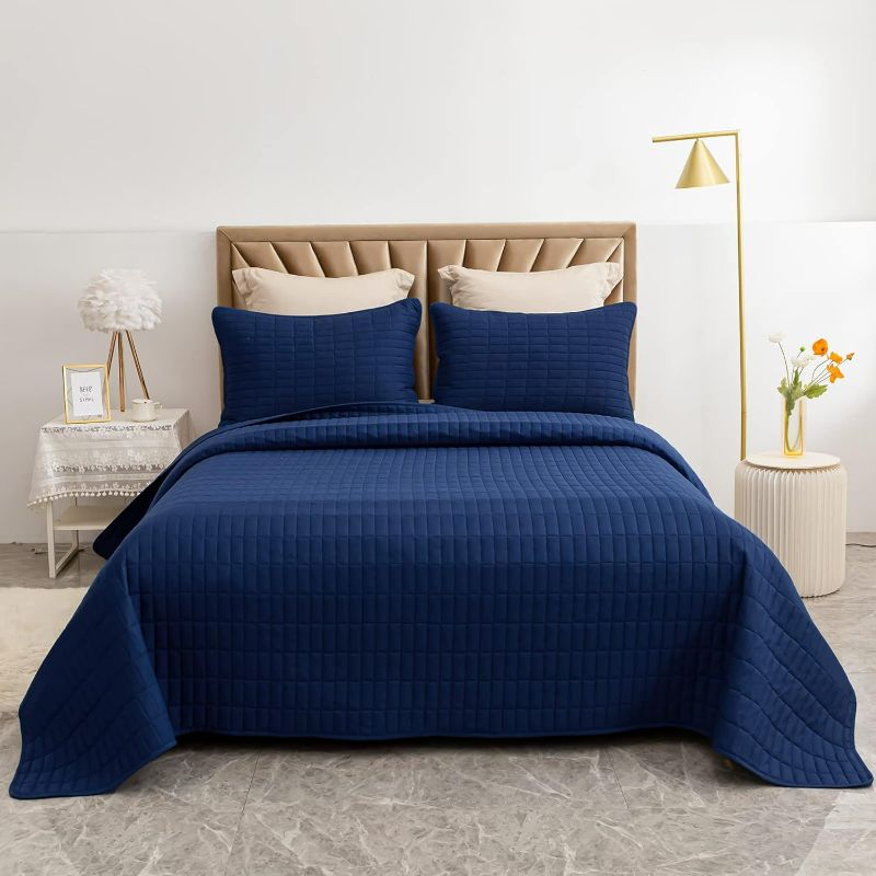 Photo 1 of BYBYME 3 Pieces Oversized Quilt Set Bedspread(128"x120"), Reversible Lightweight Coverlet Bed Cover, Summer Comforter Set for All Season (Oversized King Plus(128x120), Navy)

