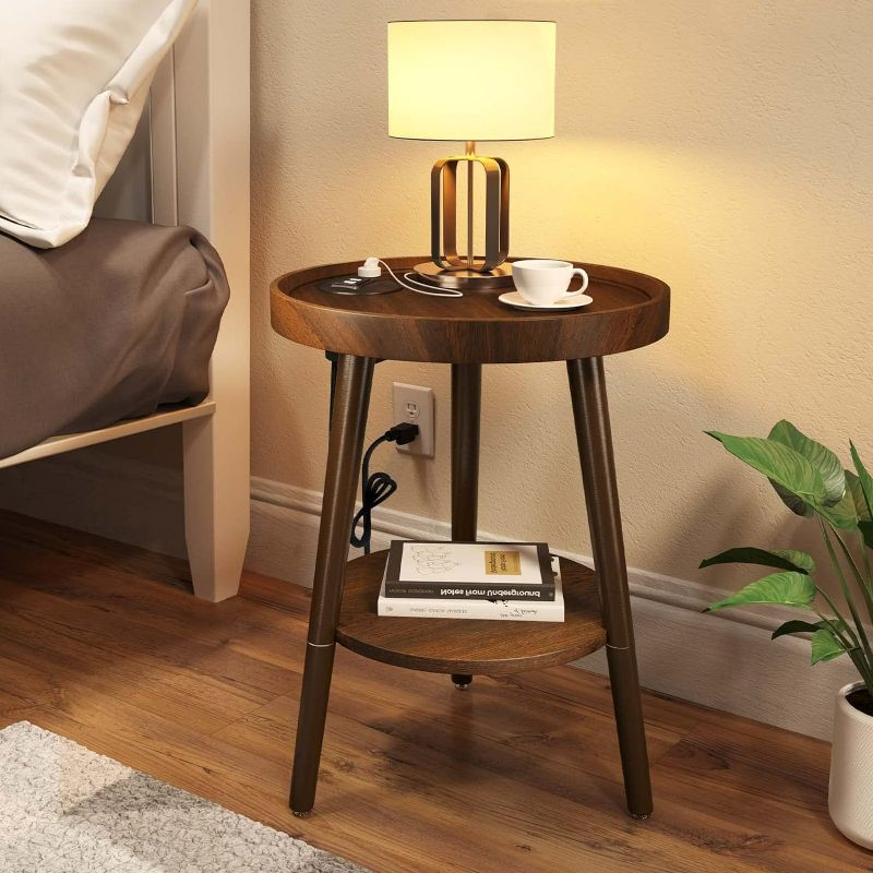 Photo 1 of GREENSTELL End Table with Charging Station, Round Side Table with Storage Shelf, USB Ports and Anti-drop Fence, 2-Tier Small Nightstand Sofa Table for Living Room, Bedroom Brown 15.0*15.0*20.4inches
