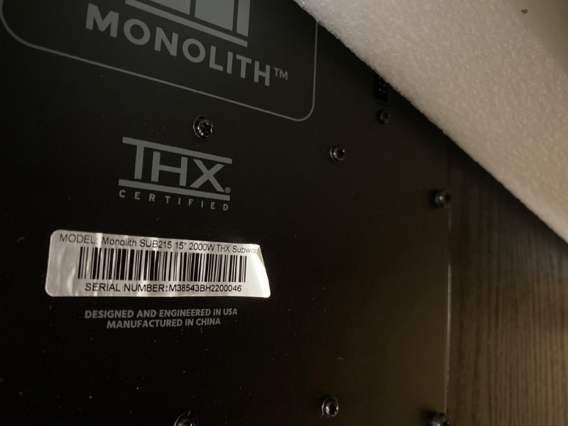 Photo 2 of Monolith M-215 THX Ultra Certified Powered Subwoofer - Dual 15-Inch, 2000-Watt Amplifier, Massive Output, Low Distortion, for Home Theater Systems, Black Ash Finish (NEED PICK UP TRUCK/ WILL BE LIFTED BY FORKLIFT)
 