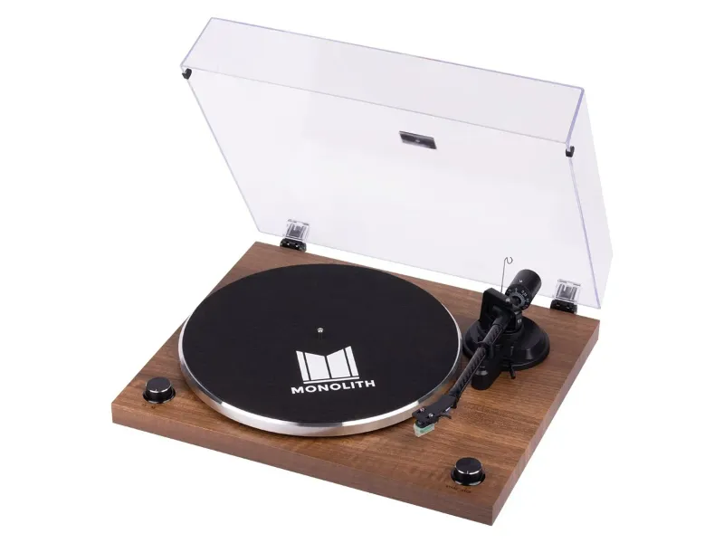 Photo 1 of Monolith by Monoprice Belt Drive Turntable with Audio-Technica AT-VM95E Cartridge, Carbon Fiber Tonearm, USB, Bluetooth - Walnut
