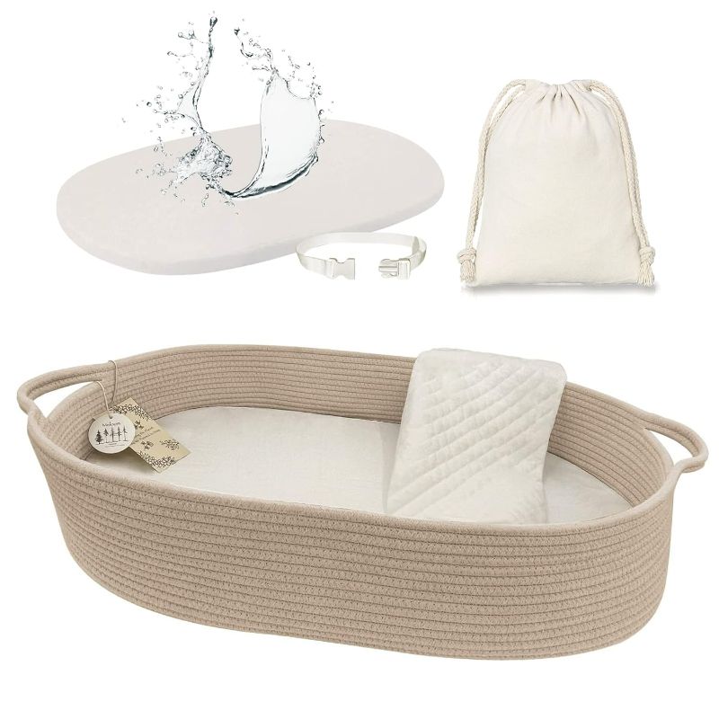 Photo 1 of meloom Baby Changing Basket with Pads and Safety Belt- 100% Cotton Boho Baby Moses Basket Changing Table and Thick Pad with Waterproof Mattress Cover, Nursery Decor in Taupe Color with Storage Bag
