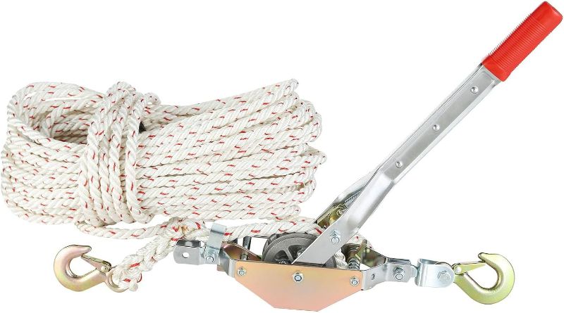 Photo 1 of VEVOR Rope Puller, 3/4 Ton (1,653 lbs) Pulling Capacity, with 100' of 0.6" dia. Rope, 2 Hook, Come Along Winch, Heavy Duty Ratchet Power Puller Tool for Moving Boats, Securing Items, Transporting Logs
