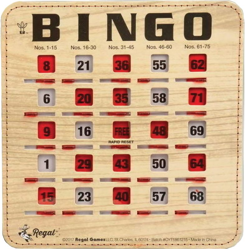 Photo 1 of Regal Bingo - Extra Thick Stitched Cardstock - Woodgrain - Quick, Clear, Rapid Reset Shutter Bingo Cards - Easy to Read - Perfect for Large Groups, Bulk Purchasing - Non Repeating Set
