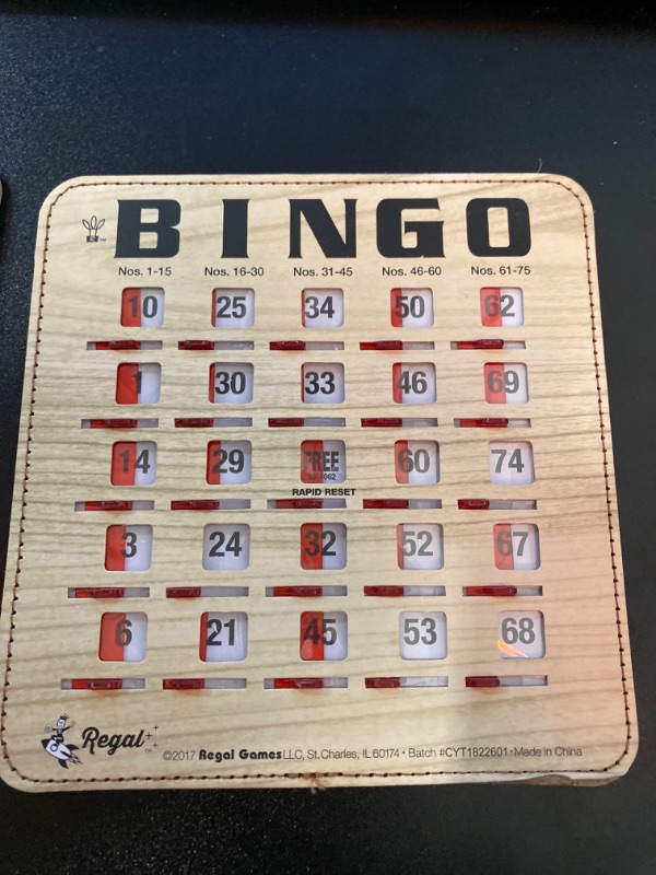 Photo 2 of Regal Bingo - Extra Thick Stitched Cardstock - Woodgrain - Quick, Clear, Rapid Reset Shutter Bingo Cards - Easy to Read - Perfect for Large Groups, Bulk Purchasing - Non Repeating Set
