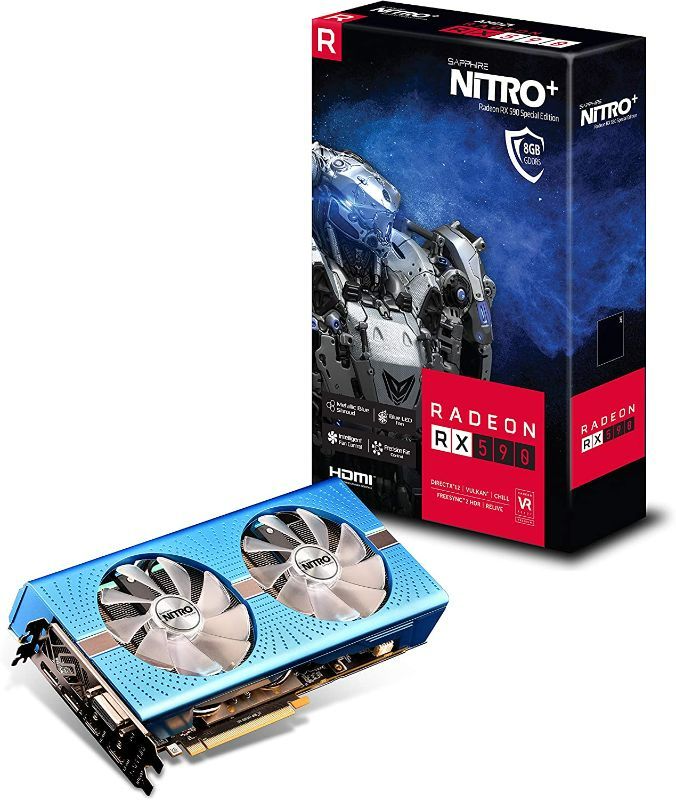 Photo 1 of SEALED, Sapphire NITRO+ Radeon RX 590 Graphic Card - 1.56 GHz Boost Clock - 8 GB GDDR5 - Dual Slot Space Required - 256 bit Bus Width - Fan Cooler - OpenGL 4.5, OpenCL 2.0, DirectX 12 - 2 x DisplayPort - 2 x