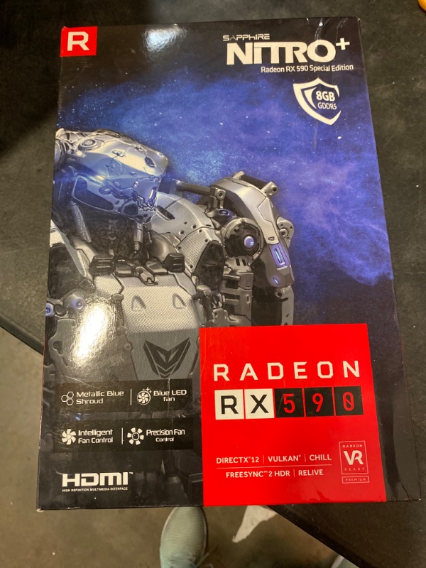Photo 3 of SEALED, Sapphire NITRO+ Radeon RX 590 Graphic Card - 1.56 GHz Boost Clock - 8 GB GDDR5 - Dual Slot Space Required - 256 bit Bus Width - Fan Cooler - OpenGL 4.5, OpenCL 2.0, DirectX 12 - 2 x DisplayPort - 2 x