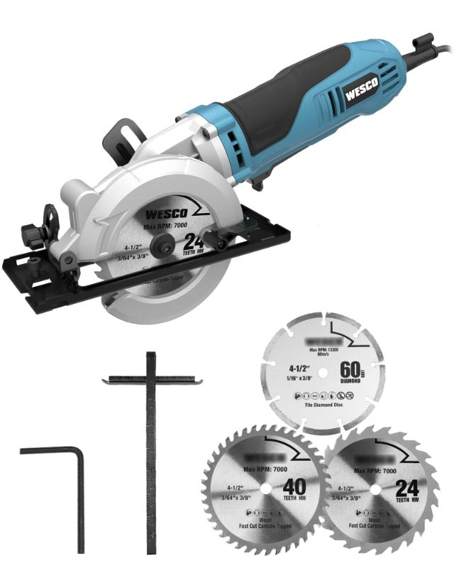 Photo 1 of Mini Circular Saw, WESCO 4-1/2" 6.0A Compact Circular Saw 5200 RPM Max. Cutting Depth 1-11/16"(90°), 1-1/8"(45°?with Scale Ruler?3 Blades for Wood, Soft Metal, Tile and Plastic Cuts 6.0a Circular Saw NEW 
