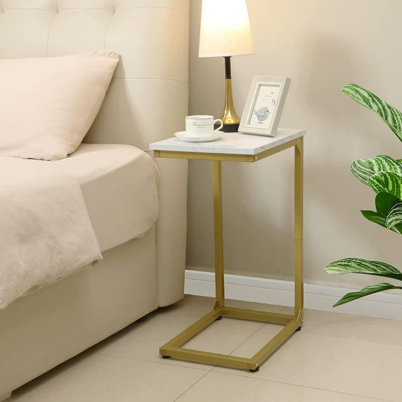 Photo 1 of AMHANCIBLE C Shaped End Table, Side Table for Sofa, Snack Couch Table That Slide Under for Living Room Bedroom Golden White Marble 
