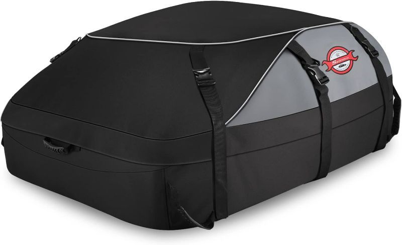 Photo 1 of Car Rooftop Cargo Carrier Roof Bag, 20 Cubic Feet Waterproof Roof Top Cargo Carrier for All Cars with Without Luggage Rack, Vehicle Soft Shell Roof Cargo Box with 6+8 Reinforced Straps and Storage Bag
