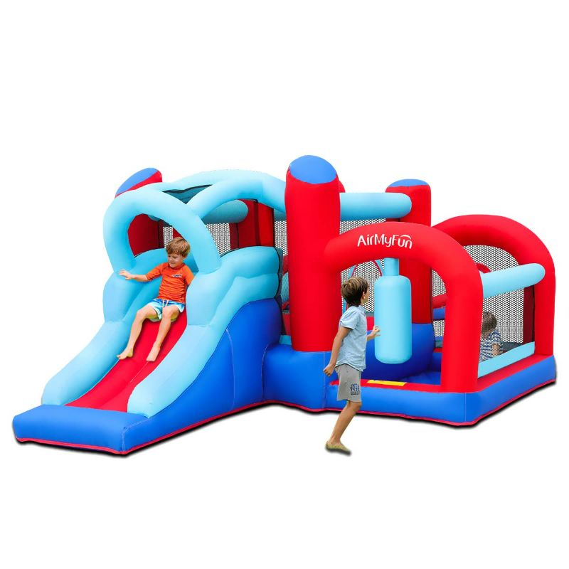 Photo 1 of AirMyFun Inflatable Bounce House, Bouncy House for Kid Outdoor with Slide,Bounce Castle with Jumping ,Ball Pit,Basketball Hoop,Target Balls and Boxing,Inflatable Bouncer for Party Blue (OPEN BOX)