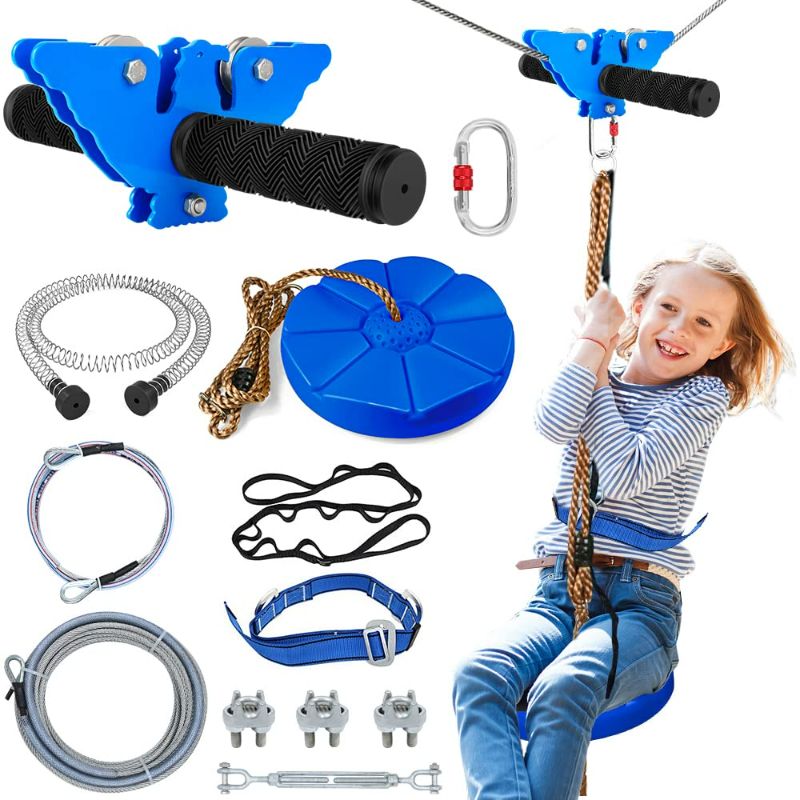 Photo 1 of X XBEN Zip line Kits for Backyard, Zip Lines for Kid and Adult, Included Swing Seat, Ziplines Brake, and Steel Trolley, Outdoor Playground Equipment (150ft Zipline kit)