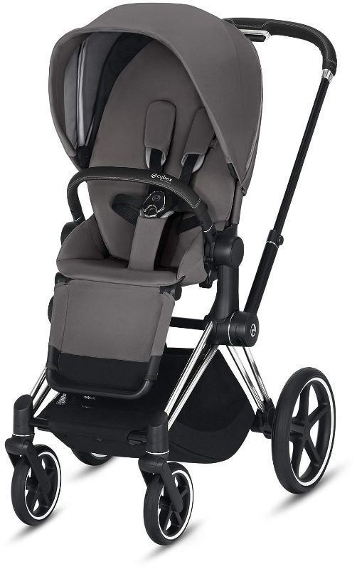 Photo 1 of Cybex Priam 3 Complete Stroller, One-Hand Compact Fold, Reversible Seat, Smooth Ride All-Wheel Suspension, Extra Storage, Adjustable Leg Rest, Manhattan Grey with Chrome Black Frame
