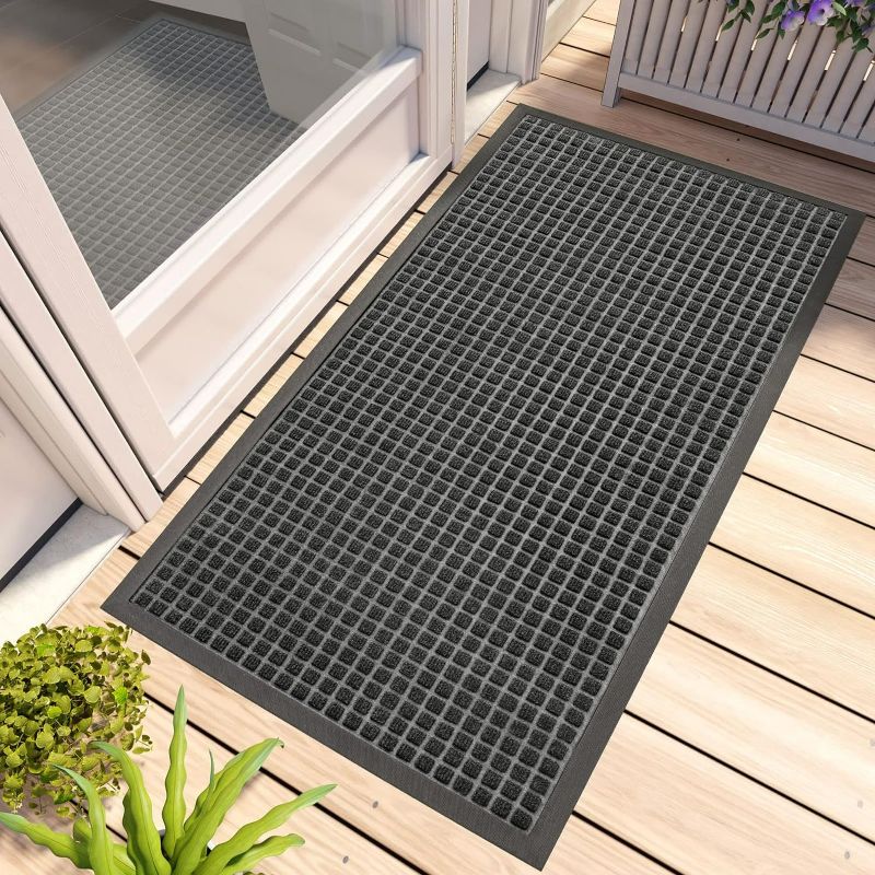 Photo 1 of DEXI Door Mat, Durable Heavy Duty Outdoor Indoor Doormat, Stain and Fade Resistant, Low Profile, Non Slip Front Door Mats, Easy Clean Patio Entryway Floor Mat, 35"x23", Squares Grey
