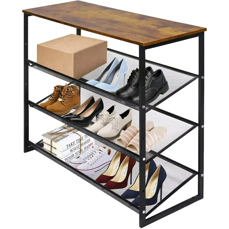 Photo 1 of aboxoo 4-Tiers Shoes Rack Tilting Adjustable Freestanding Shoe Rack Large 12 Pairs Storage Organization Brown Wood Metal For Entryways, Hallways, Closets, Dormitory Rooms, And Industries
