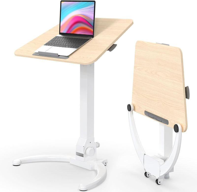 Photo 1 of JOY worker Foldable Mobile Standing Desk, Pneumatic Height Adjustable Sit Stand Desk, 90° Tiltable Rolling Laptop Desk, Portable Desk with Wheels Non-Slip Mat for Home Office, Holds Up to 22lbs
