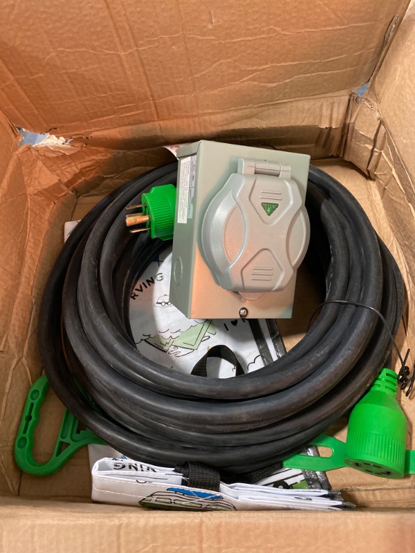 Photo 2 of labwork 50FT 30A L14-30P to L14-30R Generator Extension Cable Green Connector Black Wire with Pre-Drilled Power Input Box
