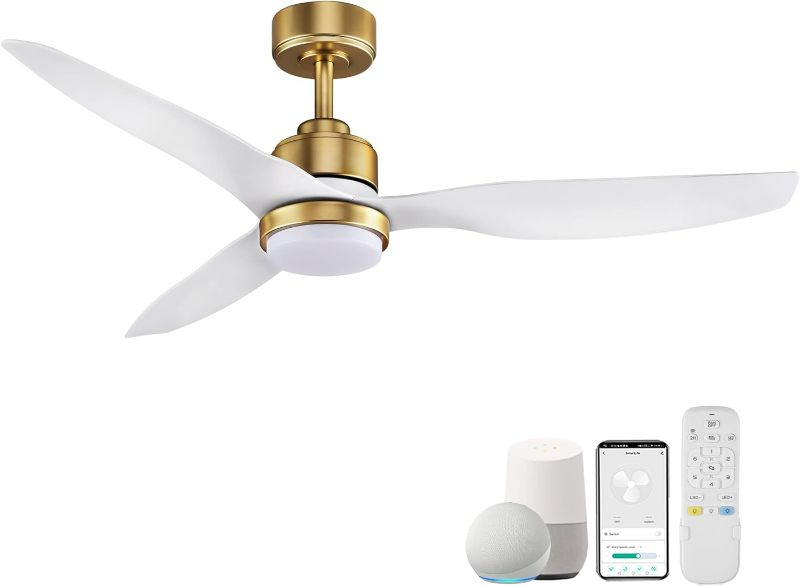 Photo 1 of 52 Inch Smart Ceiling Fans with Lights and Remote,Dimmable LED Light,Outdoor Indoor Gold White Ceiling Fan,Quiet DC Motor,High CFM 6 Speed,WIFI Alexa App Workable,for Modern Bedroom Living Room Patio

