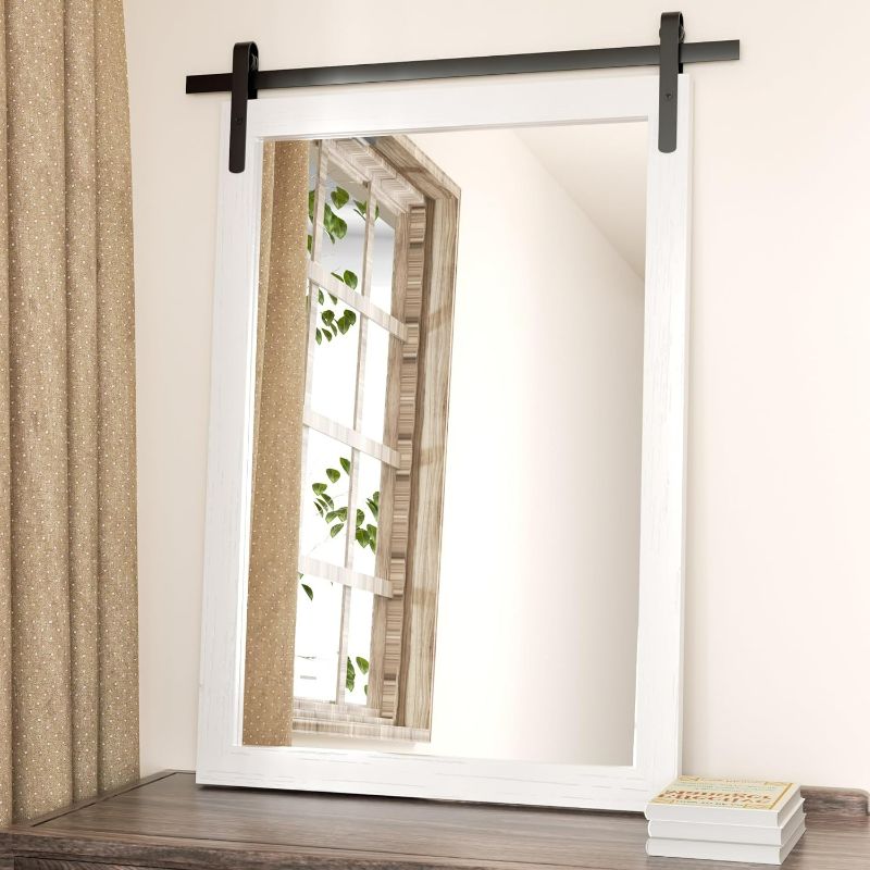 Photo 2 of White Framed Bathroom Mirror, 24x36 Inch Wood Frame Vanity Mirror, Farmhouse Wall Mounted Rectangle Barn Door Dressing Mirrors (Lean/Vertical)
