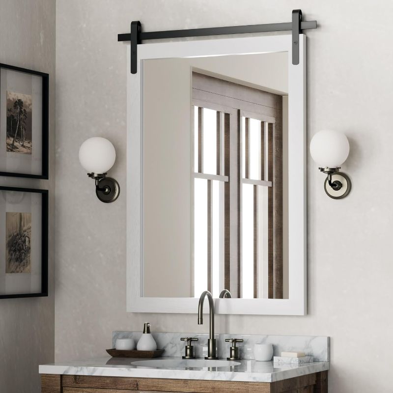 Photo 1 of White Framed Bathroom Mirror, 24x36 Inch Wood Frame Vanity Mirror, Farmhouse Wall Mounted Rectangle Barn Door Dressing Mirrors (Lean/Vertical)
