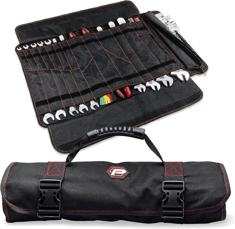Photo 1 of Powerbuilt 22 Pocket Tool Bag Roll Organizer, 30 Inches, Portable Carry Handle, Heavy Duty 1200D Off-Road Polyester - Black 240307
