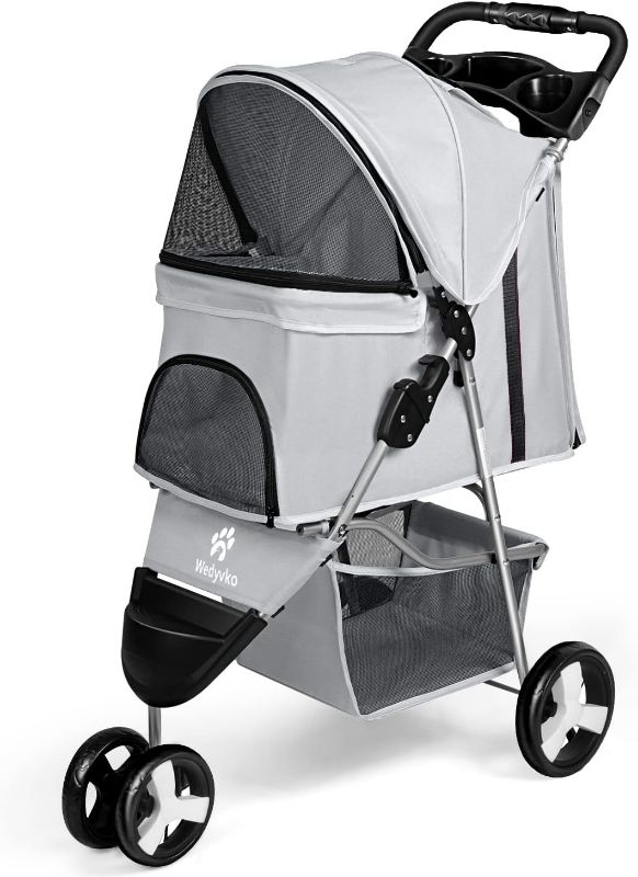 Photo 1 of Wedyvko Pet Stroller, 3 Wheel Foldable Cat Dog Stroller with Storage Basket and Cup Holder for Small and Medium Cats, Dogs, Puppy (Grey)
