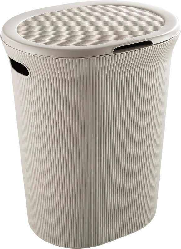 Photo 1 of Superio Ribbed Collection - Decorative Plastic Laundry Hamper with Lid and Cut-Out Handles, Taupe (1 Pack) Basket Organzier for Bedroom Bathroom College Dorm Room 40 Liter
