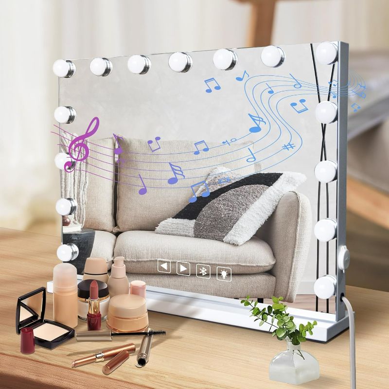 Photo 1 of SLIMOON Hollywood Vanity Mirror with Lights and Bluetooth Speaker, 15 Dimmable LED Bulbs Lighted Makeup Mirror with Detachable 10X Magnification Mirror, 3 Color Lights, Support for Answering Calls (19X23)