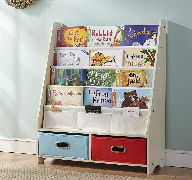 Photo 1 of SEIRIONE Kids Book Rack, 4 Sling Bookshelf, 2 Storage Boxes and Toys Organizer Shelves, Beige
