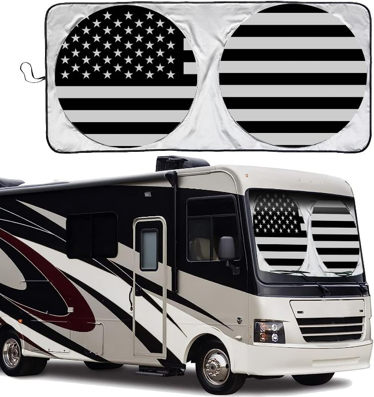 Photo 1 of School Bus Windshield Sunshade Front Window, 240T UV Blocking Keeps Yours RV Motorhome Cool with Storage Pouch, American Flag, Fits for Universal Trucks, Large Bus (51" x 102") (Bus XXL)
