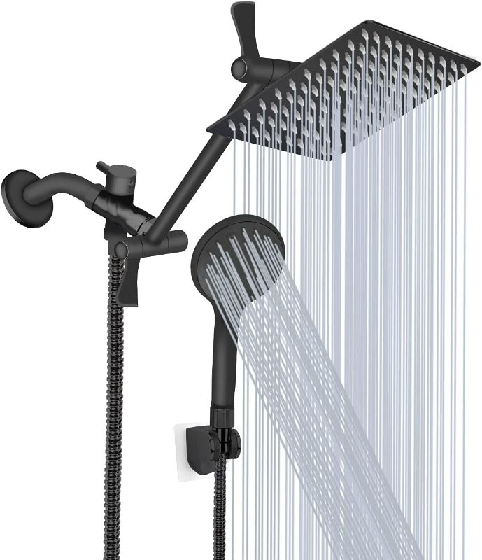 Photo 1 of Shower Head, 8‘’ High Pressure Rainfall/Handheld Shower Combo with 11'' Extension Arm, 9 Settings, Anti-leak Shower Head with Holder, Height/Angle Adjustable, Chrome, Matte Black
