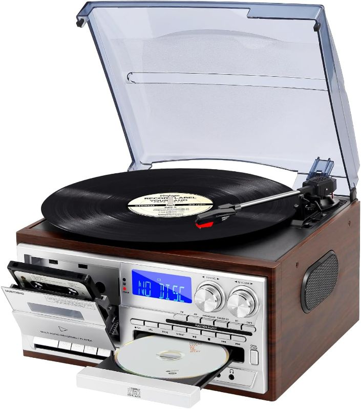 Photo 1 of MUSITREND Record Player 9 in 1 3 Speed Bluetooth Vintage Turntable CD Cassette Vinyl Player AM/FM Radio USB/SD Encoding Aux-in RCA Line-Out (Silver)
