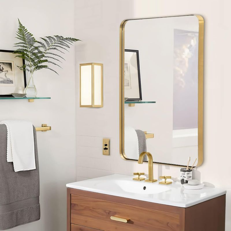 Photo 1 of Gold Wall Mirror, 24x36 Inch Mirror for Bathroom, Brushed Brass Stainless Steel Metal Frame with Rounded Corner, Rectangle Glass Panel Wall Mounted Mirror for Decor of Bathroom, Vanity, Washroom
