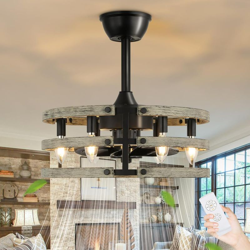 Photo 1 of Farmhouse Ceiling Fan with Light, 18" Small Caged Low Profile Ceiling Fan with Lights, 3 Speeds Industrial Flush Mount Ceiling Fan with Lights Remote Control for Bedroom Living Room Kitchen Corridor
