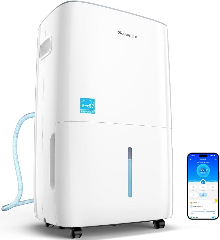 Photo 1 of GoveeLife Smart Dehumidifier for Basement 4,500 Sq.Ft, 50 to 109 Pint Auto Humidity Control, Drain Hose, 2.0Gal Bucket, Energy Star Most Efficient H7151, WiFi Dehumidifiers for Large Room

